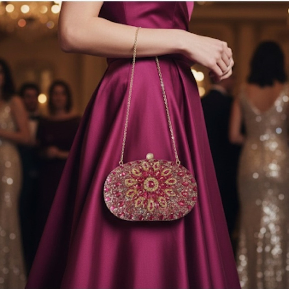NEW Ramla Handmade Rare Pink Faux Diamond Encrusted Clutch Bag